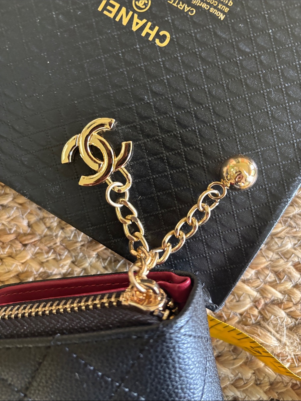 Black Quilted Leather Small Wallet with Gold CC Charm and Chain - Picture 9 of 9